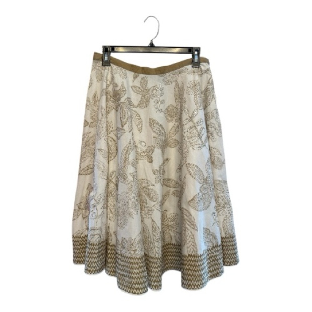 a.n.a Cream and Brown Patterned Boho A-Line Skirt w/ Metallic Detailing 8 Petite